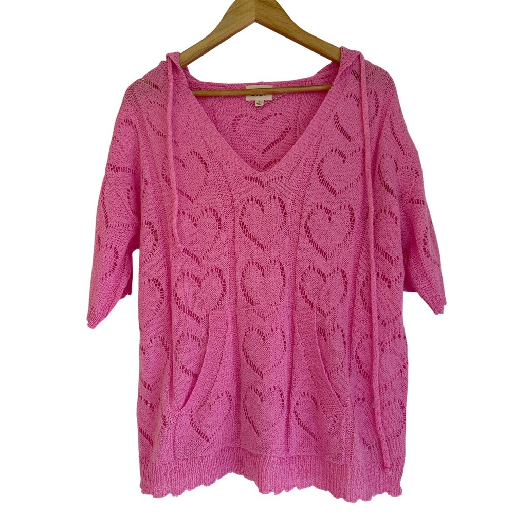 BIBI Pink Heart Pointelle Knit Hooded Sweater Top Size Small Short Sleeve Boho